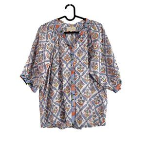 Hannah Art Wear Floral Cotton Breathable Puff Short Sleeve Button Blouse Small